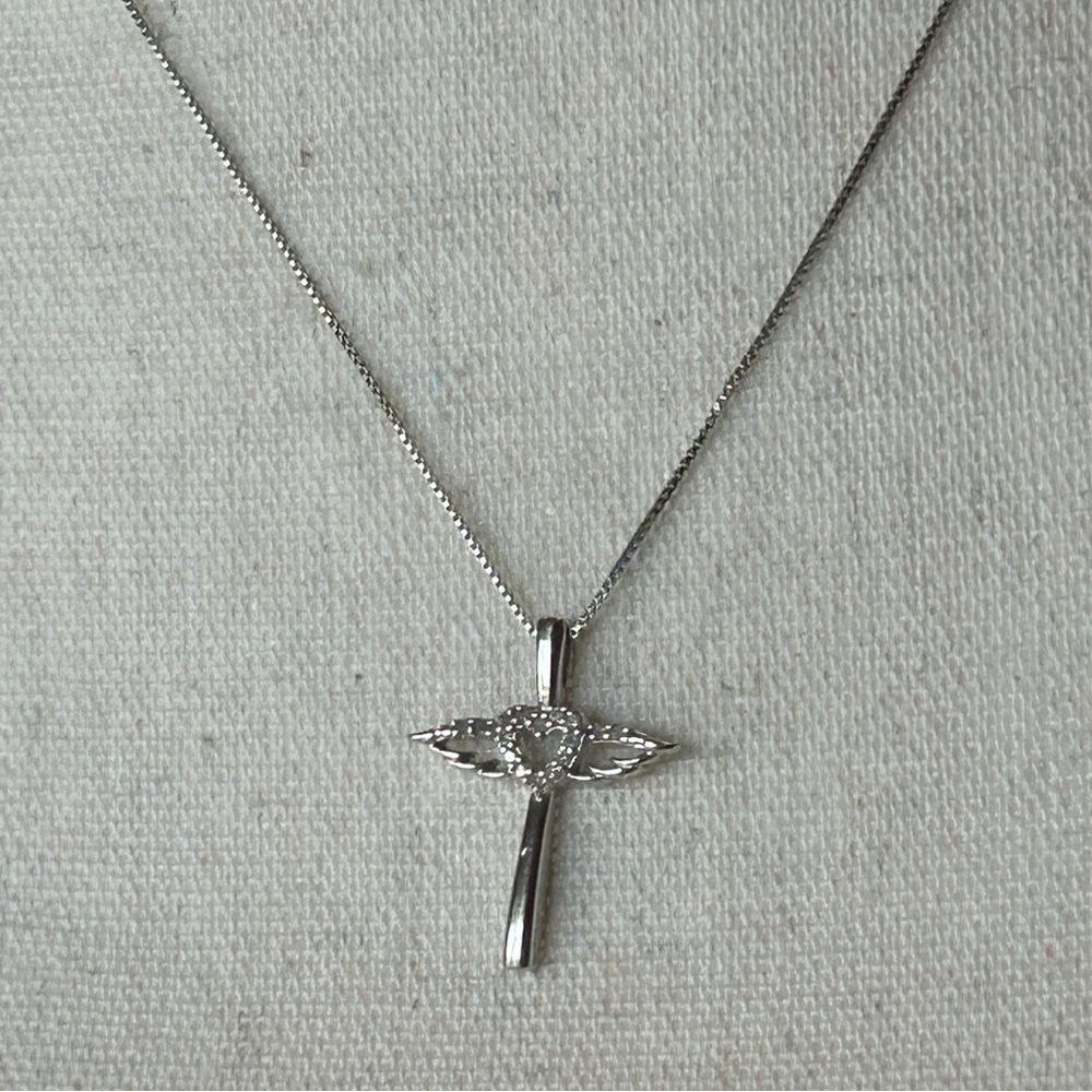 Sterling Silver Heart of an Angel Necklace 18" Stamped 925 Crystals